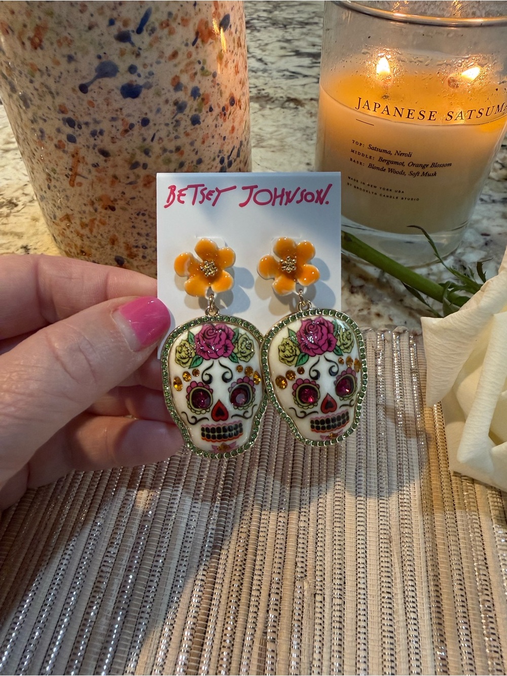 NEW BETSEY JOHNSON Día de los Muertos Sugar Skull Flower Drop Earrings